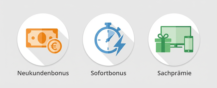 Illustration zeigt Neukundenbonus, Sofortbonus und Sachprämie bei Stromanbietern