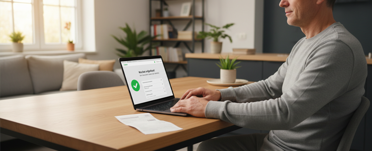 Person bestätigt am Laptop den erfolgreichen Wechsel zu einem neuen Stromtarif ohne Bonus