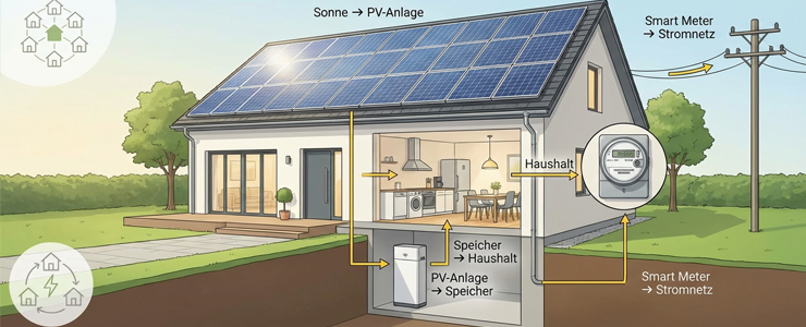 Einfamilienhaus mit Photovoltaikanlage, Batteriespeicher und visualisiertem Stromfluss zwischen Sonne, Haus, Speicher und Stromnetz.