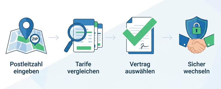 Vier Schritte des Strom- und Gasanbieter-Vergleichs von Postleitzahl-Eingabe bis zum sicheren Anbieterwechsel