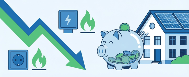 Diagramm mit sinkenden Strom- und Gaspreisen und Sparschwein als Symbol für Kostenersparnis