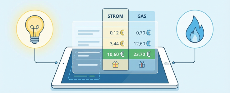 Illustration zeigt Vergleich von Strom- und Gasanbietern mit Prämie auf einem Tablet