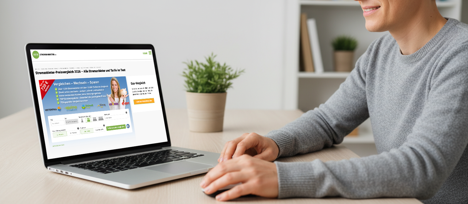Laptop mit angezeigtem Stromtarifvergleich auf dem Bildschirm und entspannter Person davor als Symbol für transparenten Online-Tarifwechsel
