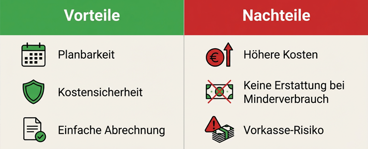 Zweiteilige Infografik mit grüner Spalte für Vorteile und roter Spalte für Nachteile einer Strom Flatrate, jeweils mit passenden Icons.